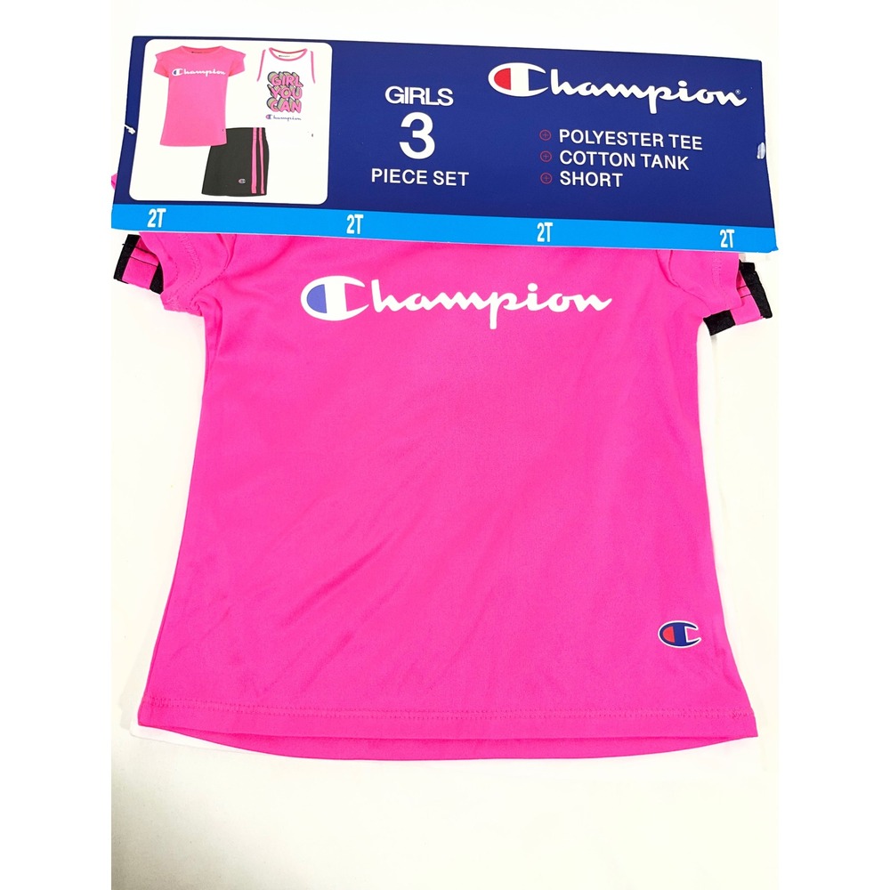 Champion 3 Piece Set Girls 2T Pink Tee White Tank Black Shorts Playwear Active